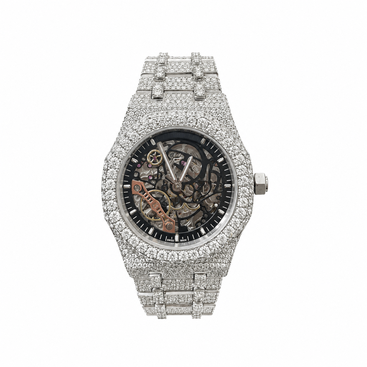 Moissanite Skeleton Watch with exposed movement and diamond shine